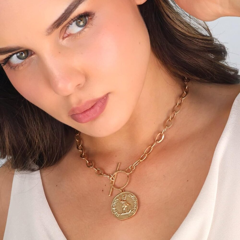 Chunky Coin Fashion Gold Necklace Trendy Statement Toggle Necklaces Women Antiqu - Picture 7 of 9